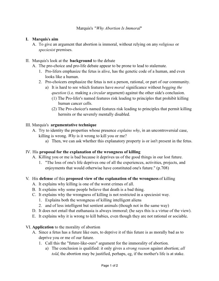 Analysis of the Marquis Argument on Abortion