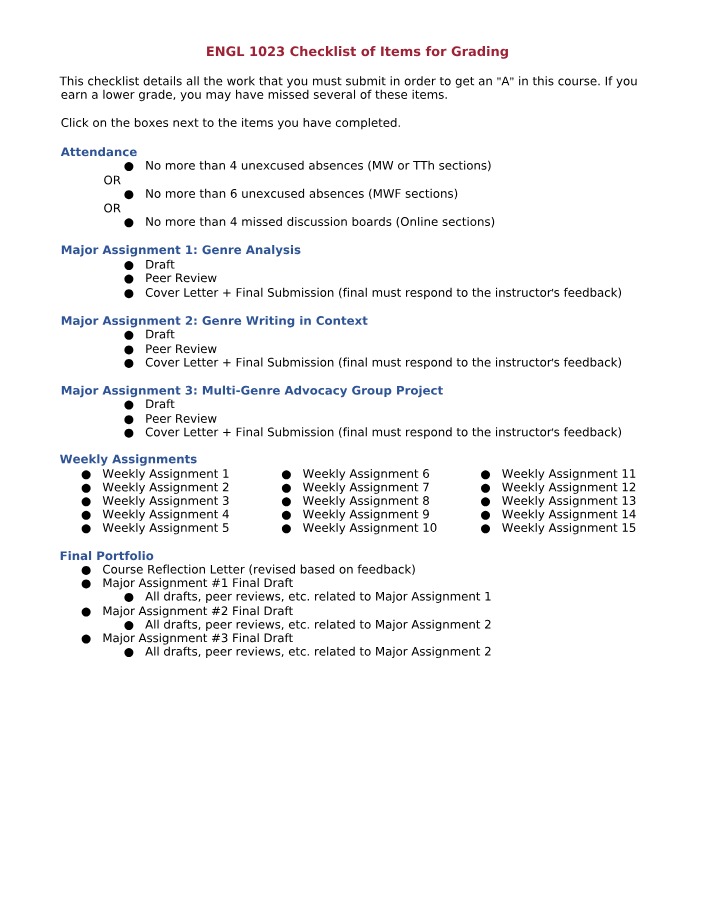 Progress Checklist for ENGL 1023
