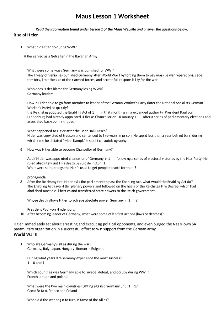 Worksheet for Maus Lesson 1
