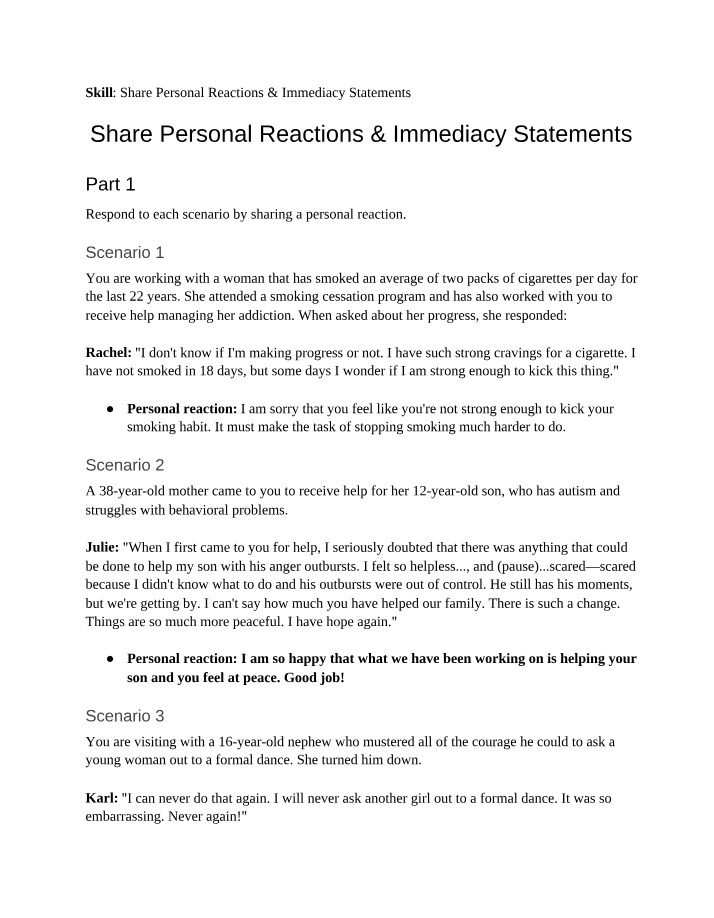 FAML 420 W08 Worksheet - Feeling and Immediacy Statements