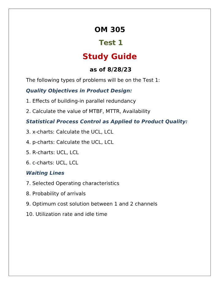 Study Guide for OM 305 Test 1 - Fall 2023