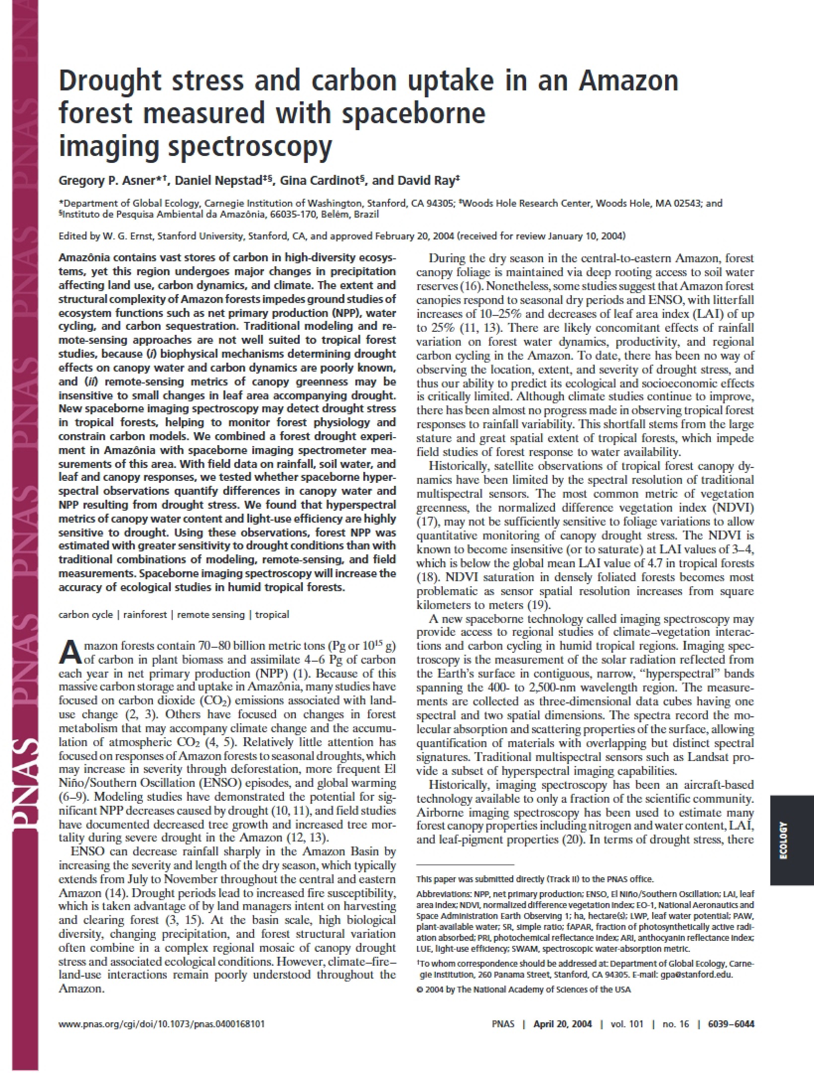 Spaceborne Imaging Spectroscopy Measuring Amazon Drought Stress and Carbon Uptake