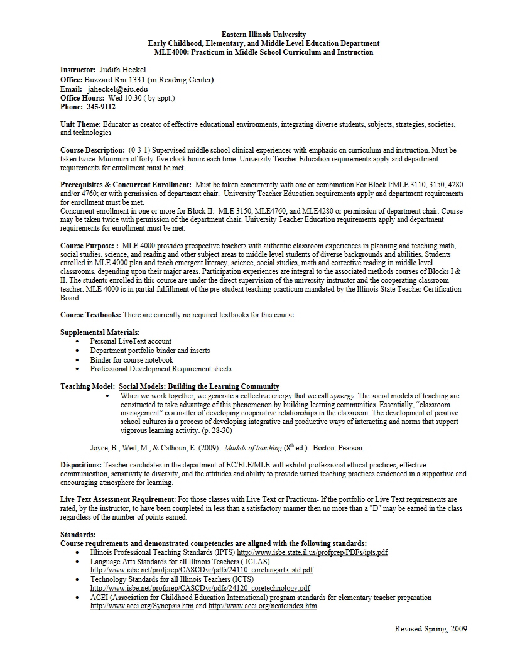Syllabus for Middle School Practicum - 8 Pages