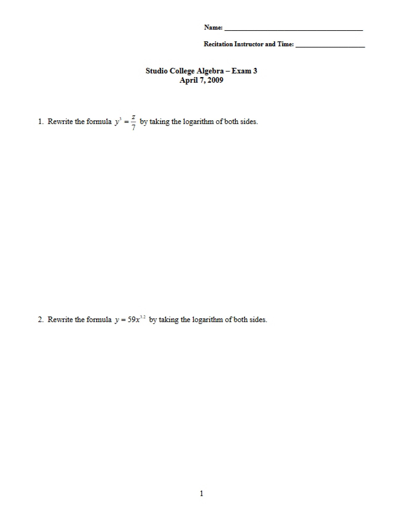Third Examination in a College Algebra Course