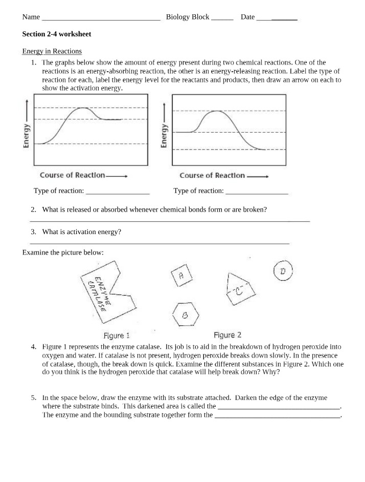 Worksheet on Energy in Reactions