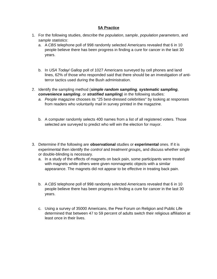 Practice Problems - Population, Sample, and Statistics