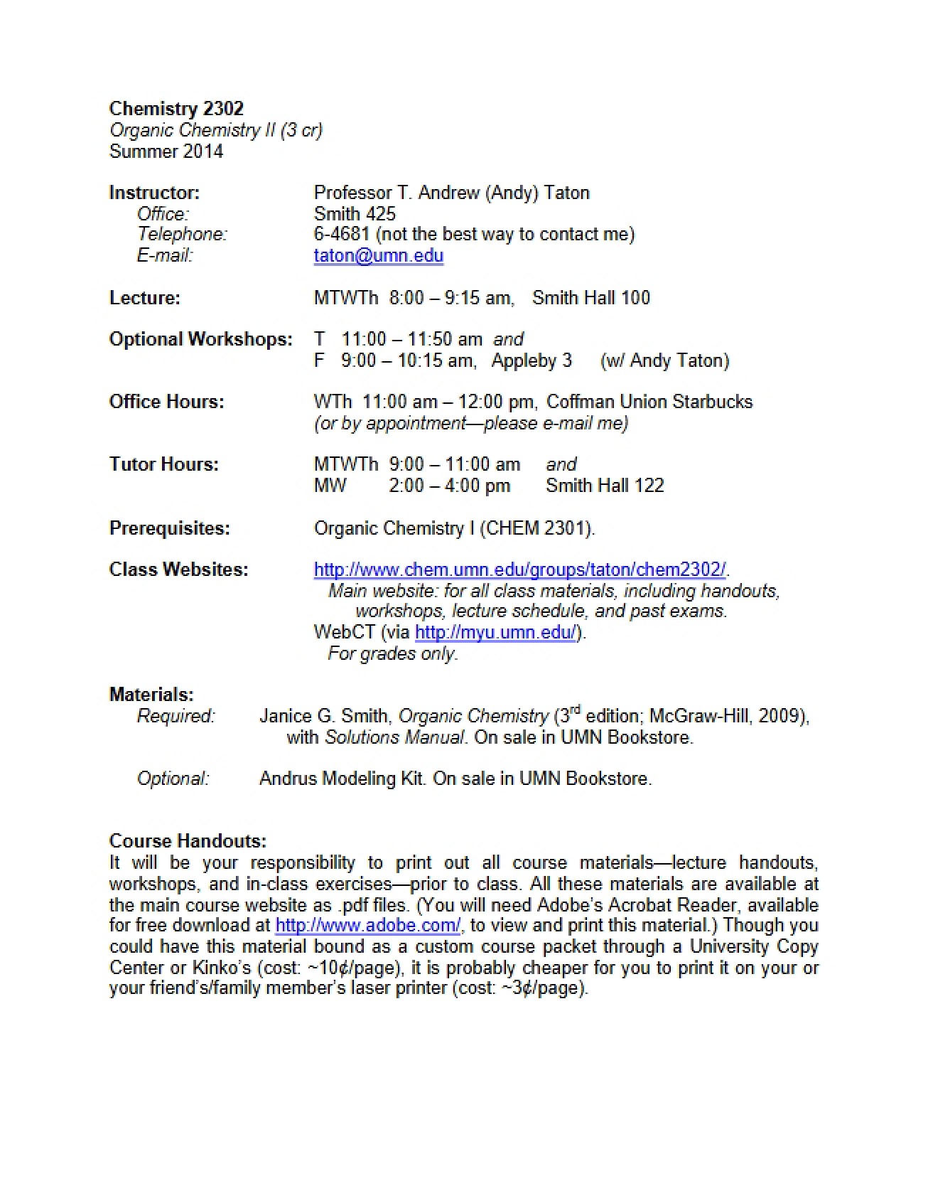 Syllabus for Organic Chem II