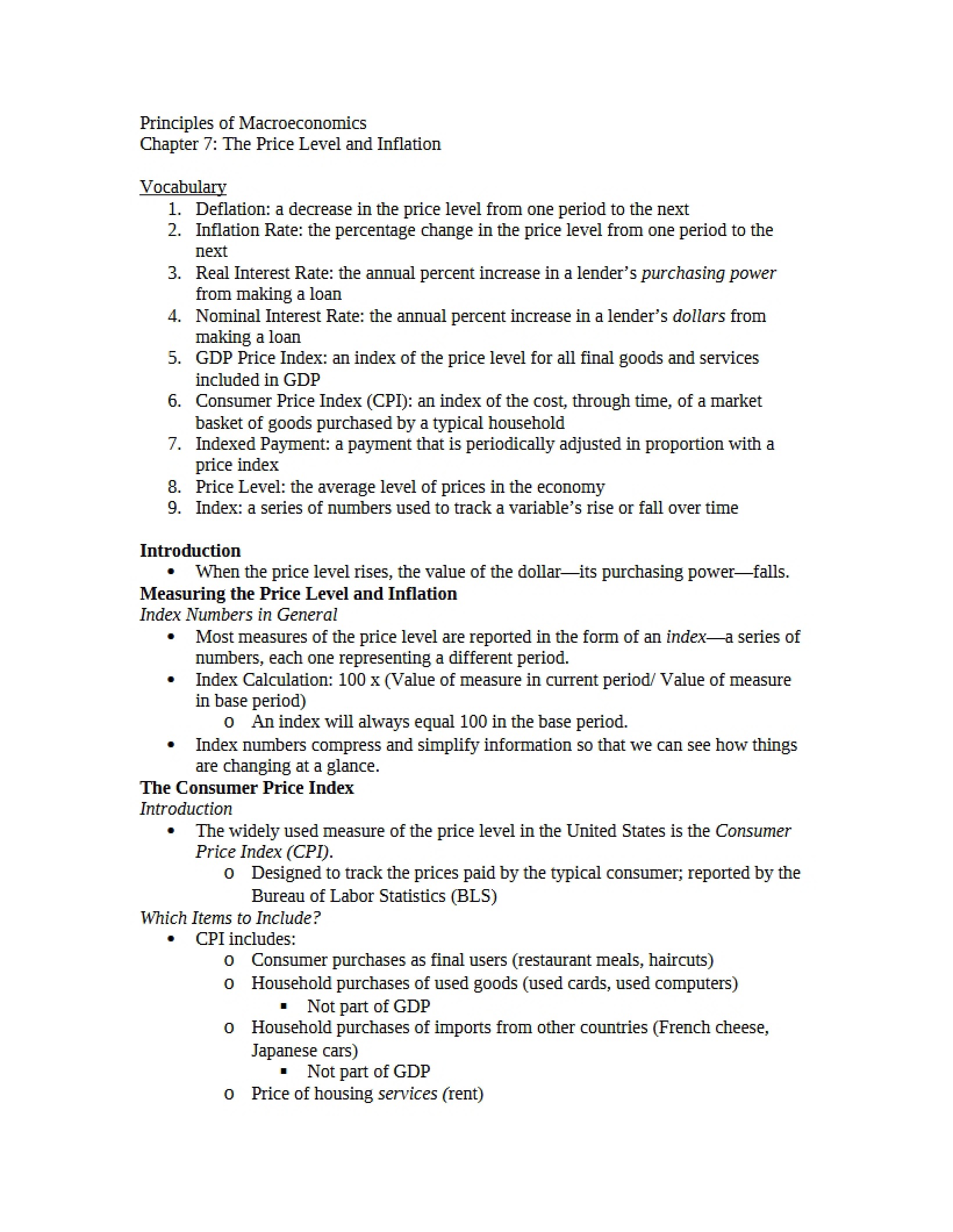 Inflation and Price Levels (Chapter 7)