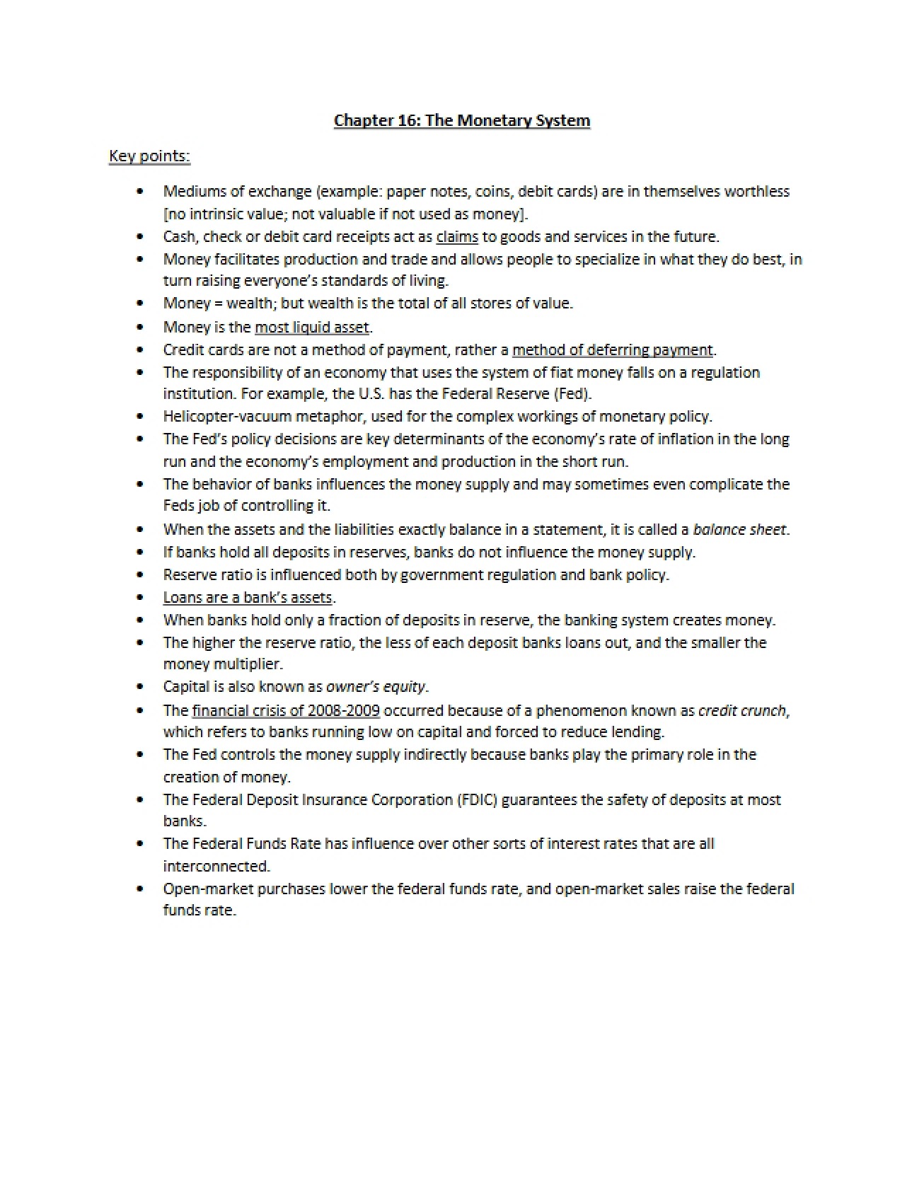 Monetary System (Ch 16) - 3 Pages