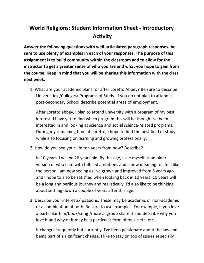 World Religions - Introductory Student Information Sheet