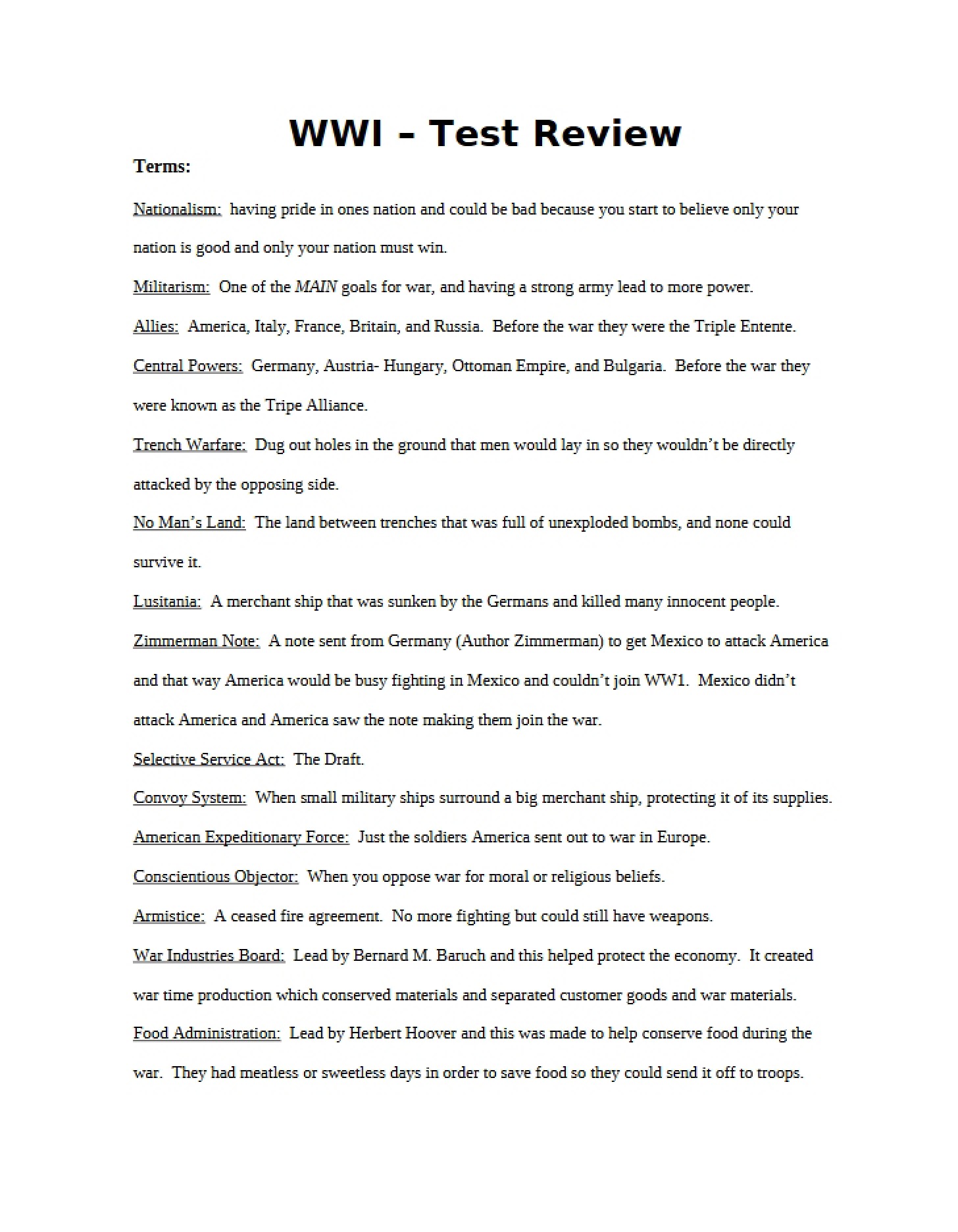 Review for WWI Test