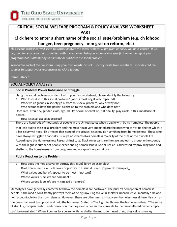 Critical Social Welfare Program & Policy Analysis - Part 2 Worksheet
