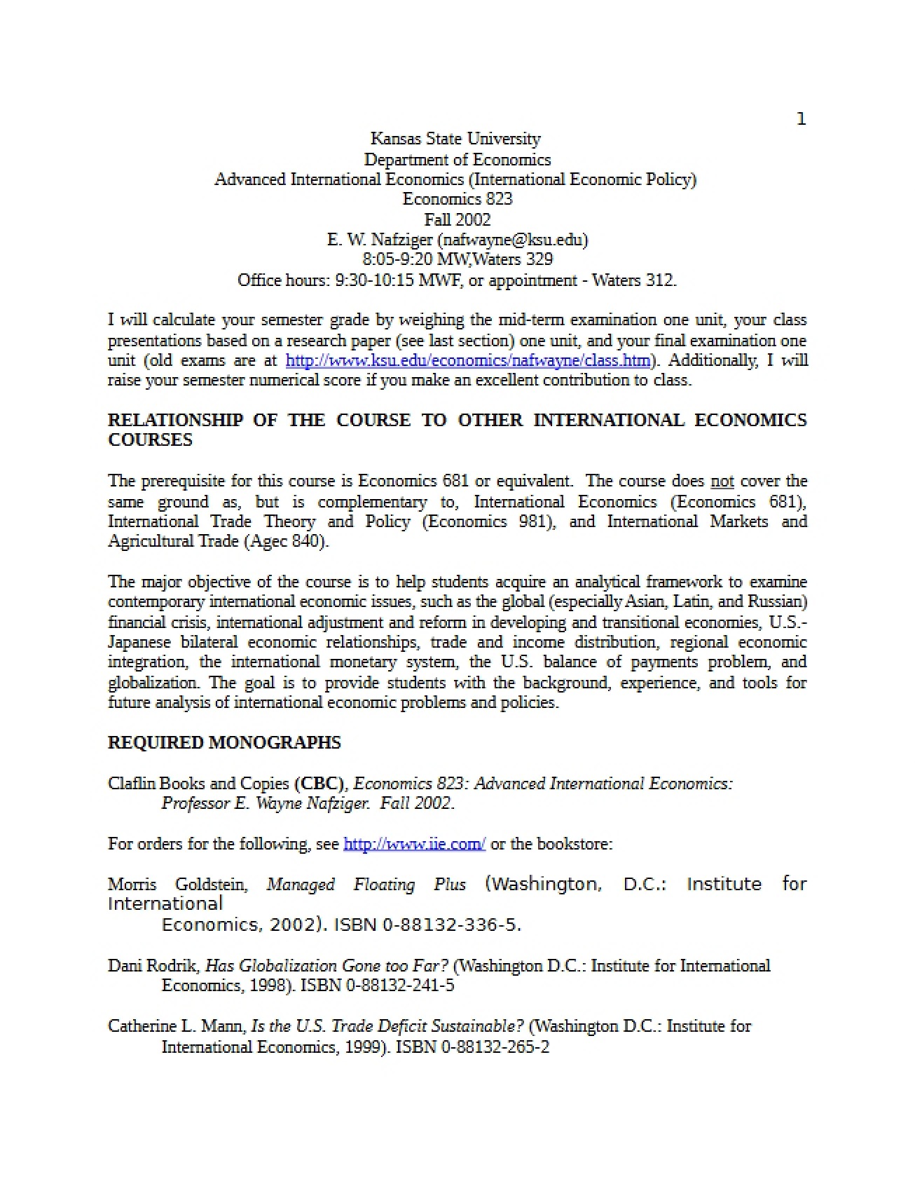 Syllabus for a Course on Advanced International Economics