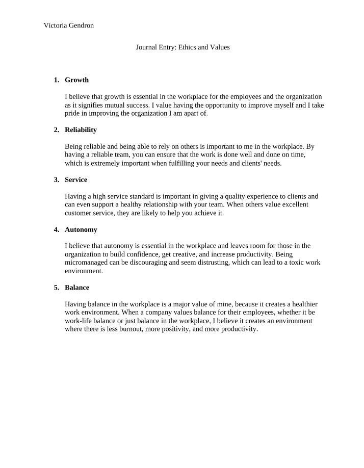 Journal Entry on Ethics and Values