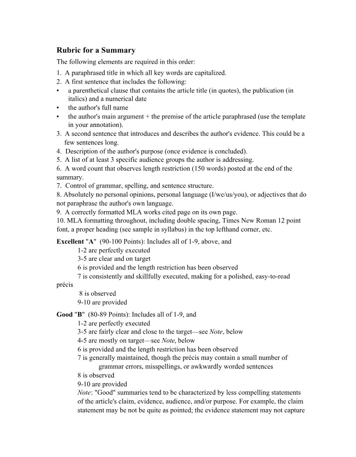 Guidelines for Writing an Effective Summary - Rubric
