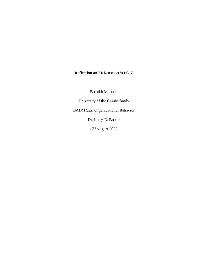 Week 7 Reflection and Discussion