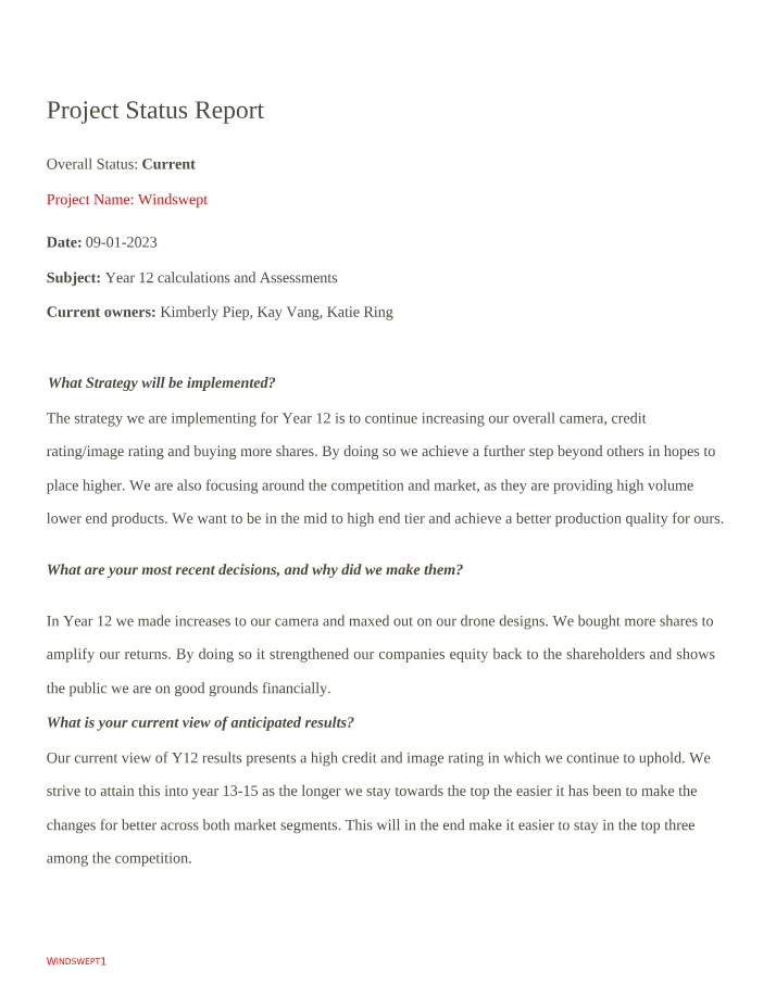 Project Status Report Part One