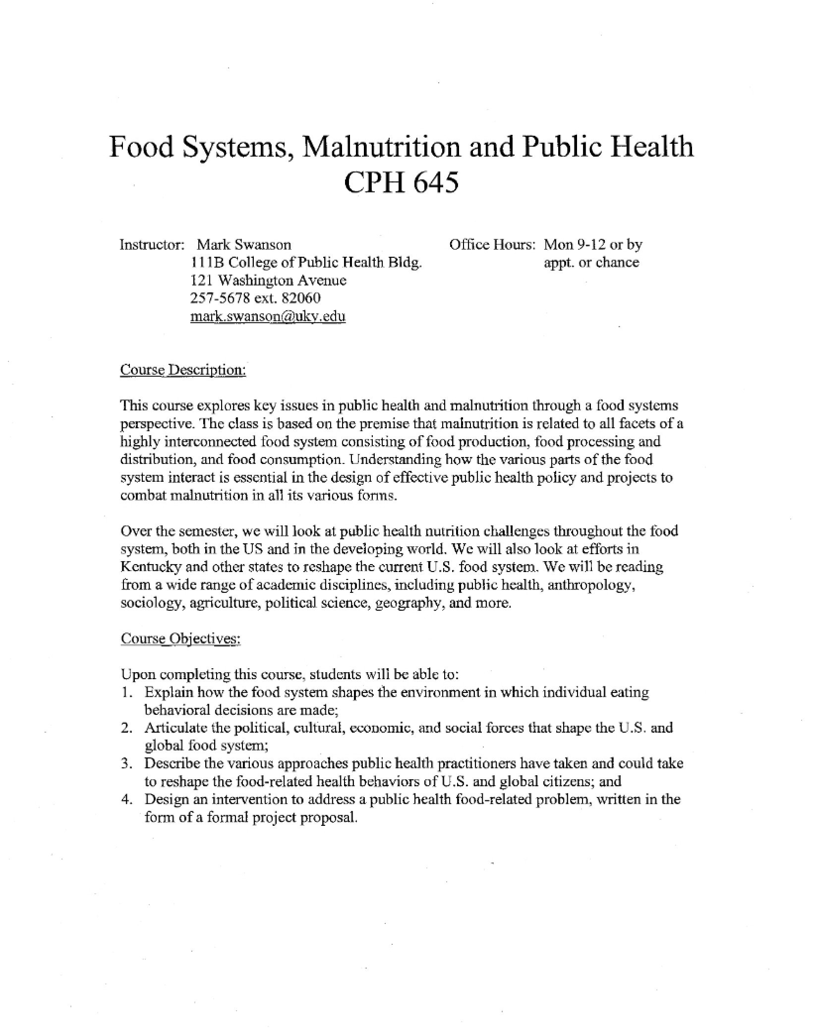 Public Health and Malnutrition Syllabus