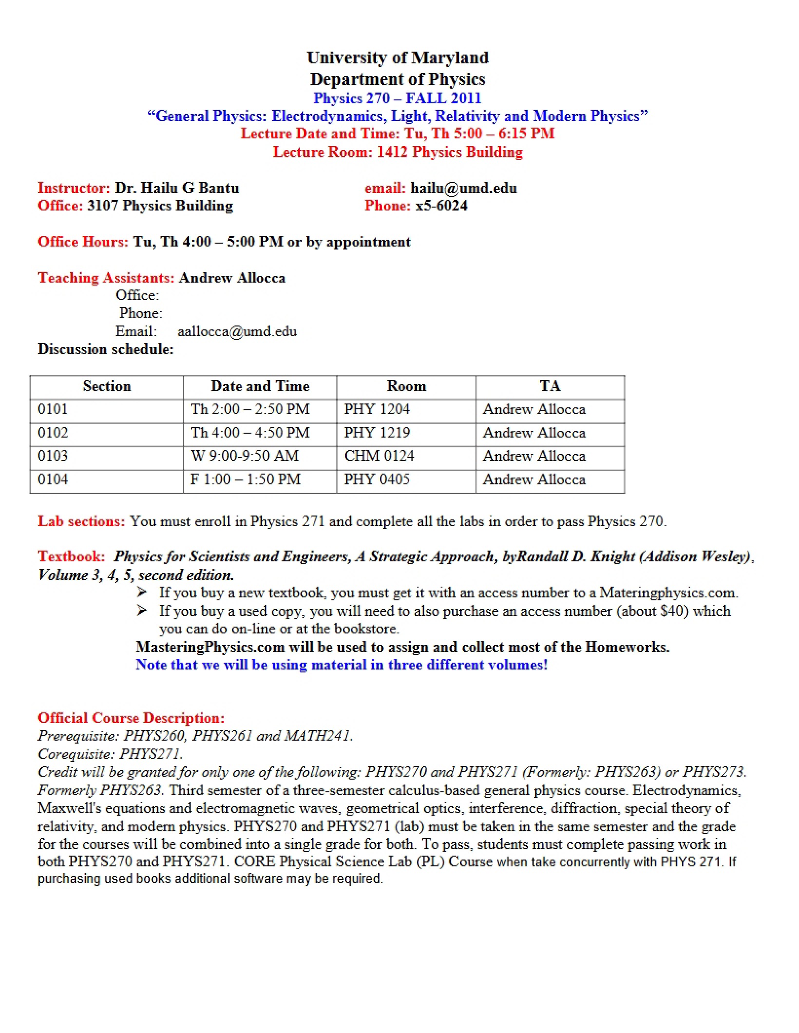 Physics 270 Syllabus