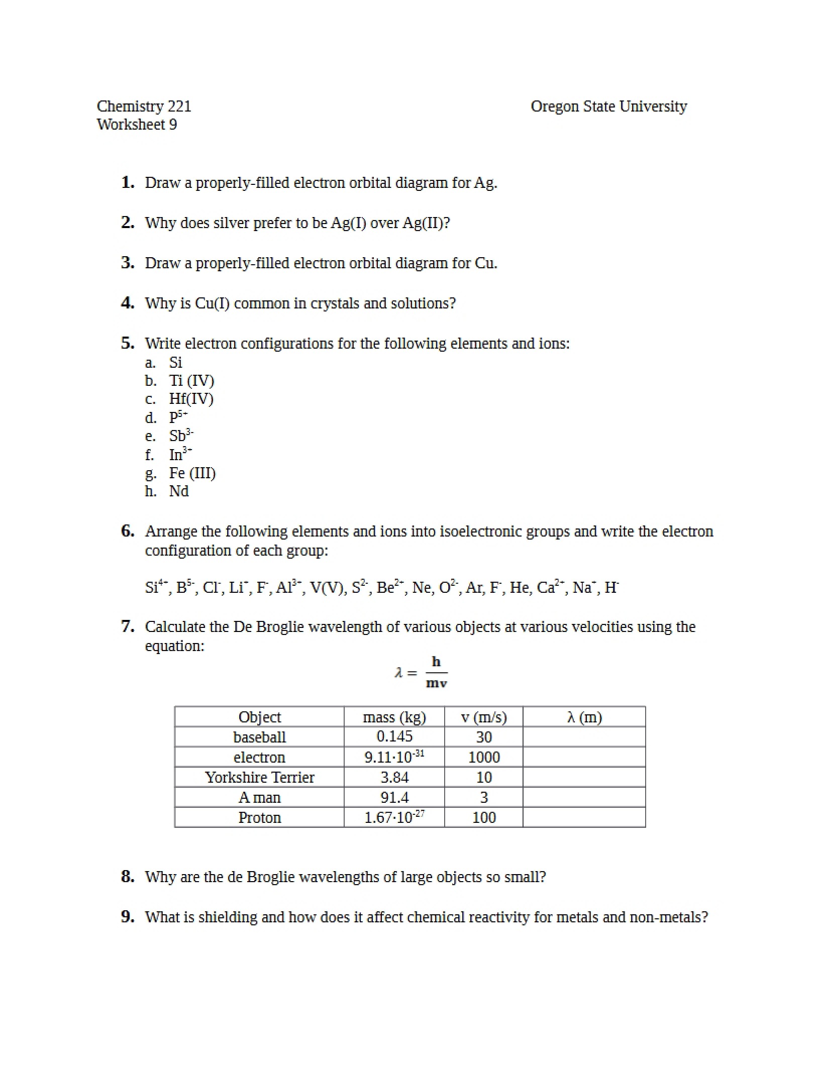 CH 221 Worksheet 9