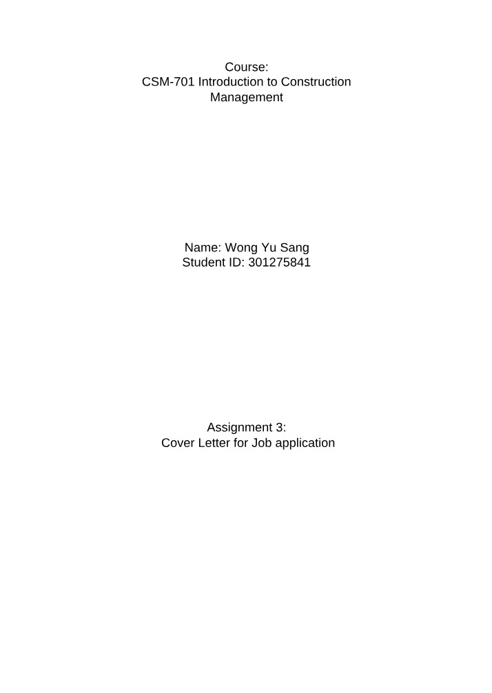 Assignment 3 - Cover Letter