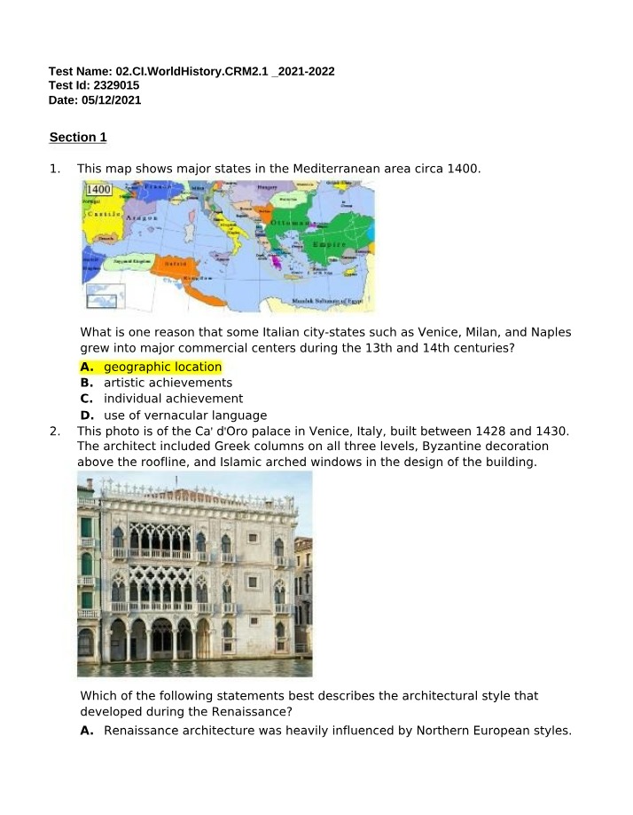 World History Exam 2021-2022 - CRM2.1