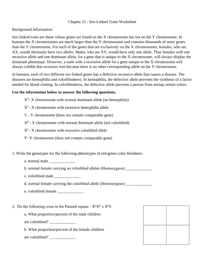 Worksheet on Sex-Linked Traits