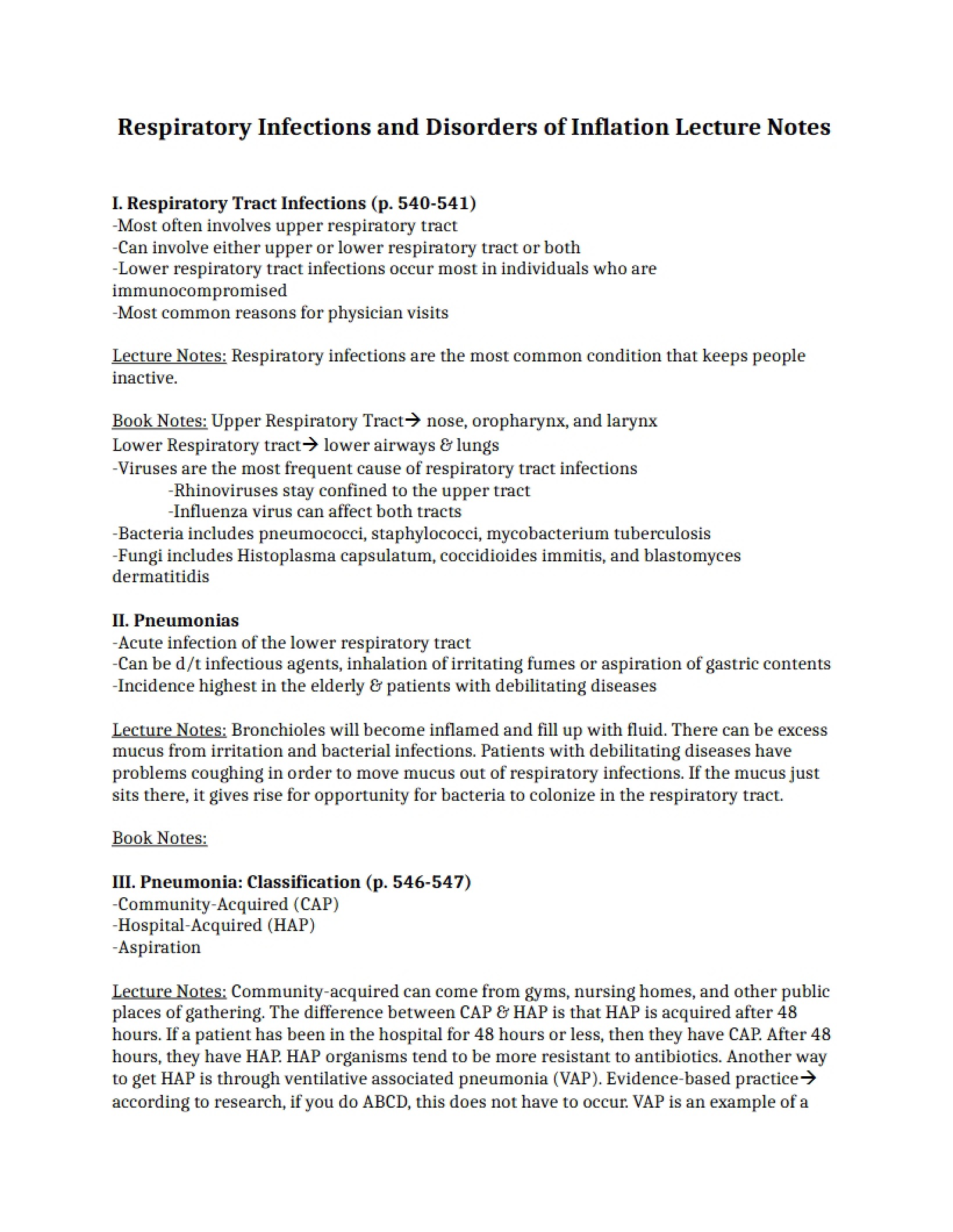 Notes regarding Infections of the Respiratory System