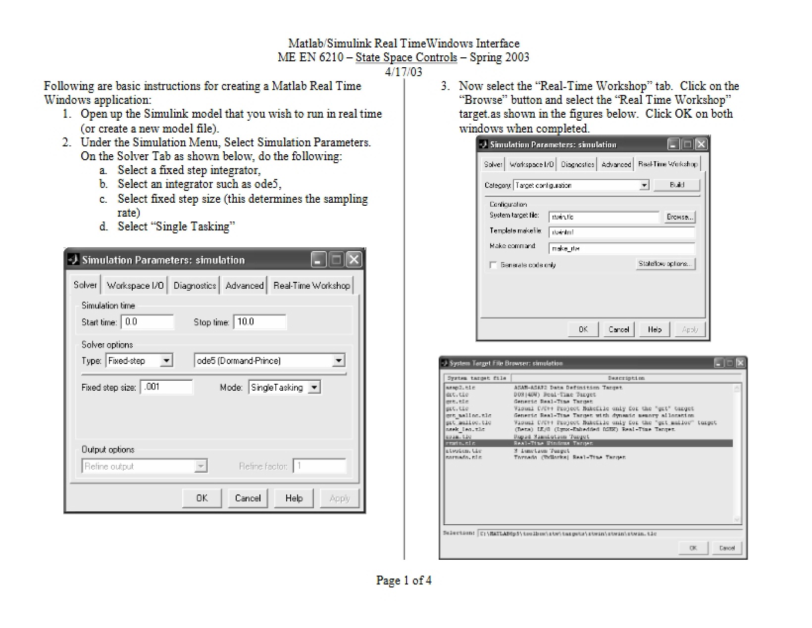 Real TimeWindows Interface Matlab Simulink