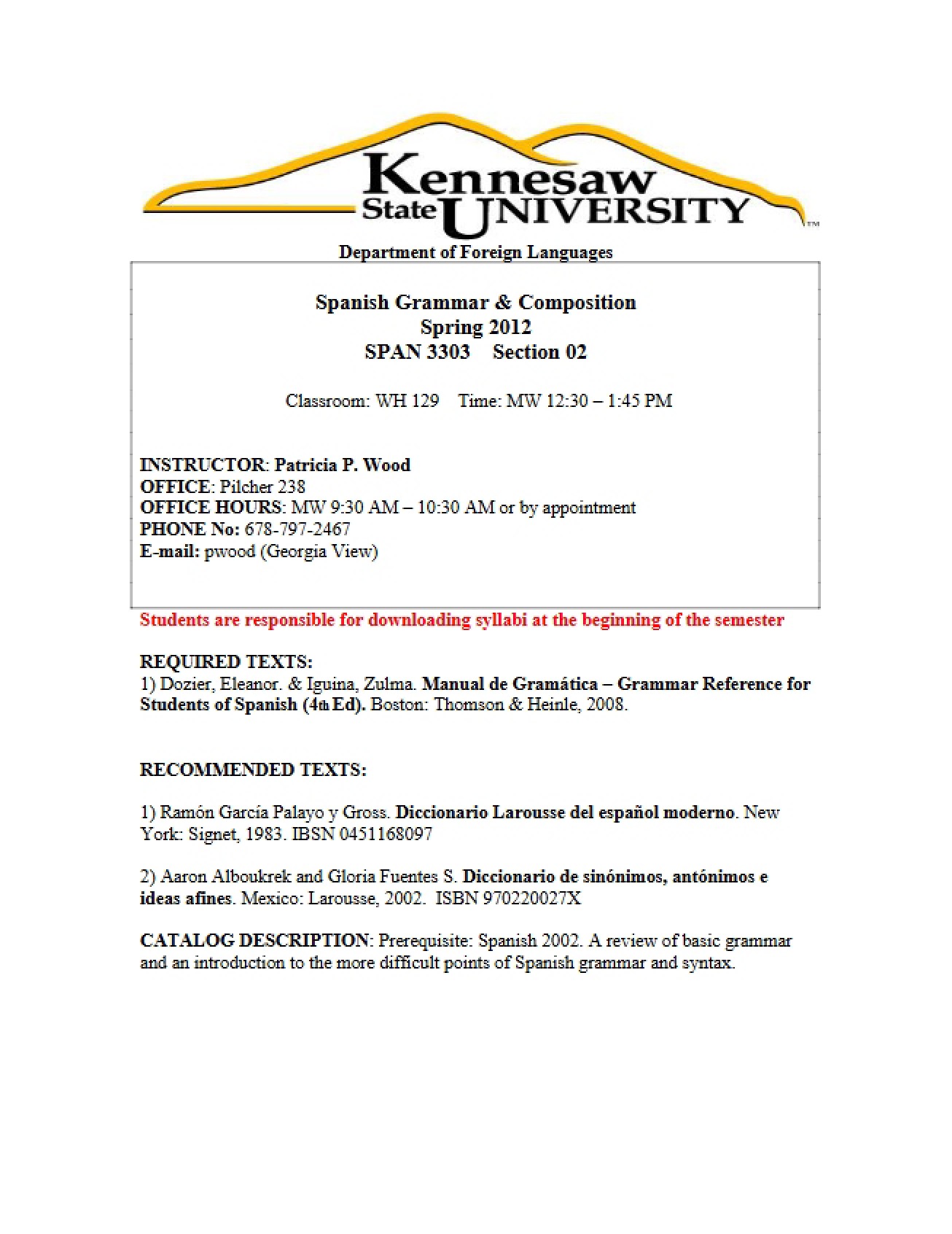 Course Syllabus for SPAN 3303