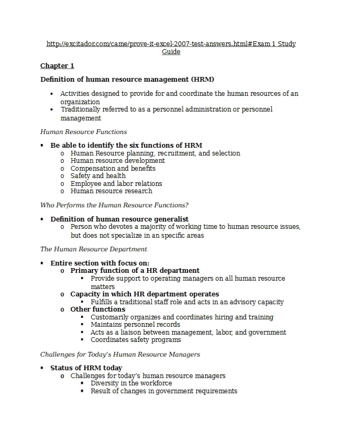 Answer Key for the First Human Resources Exam