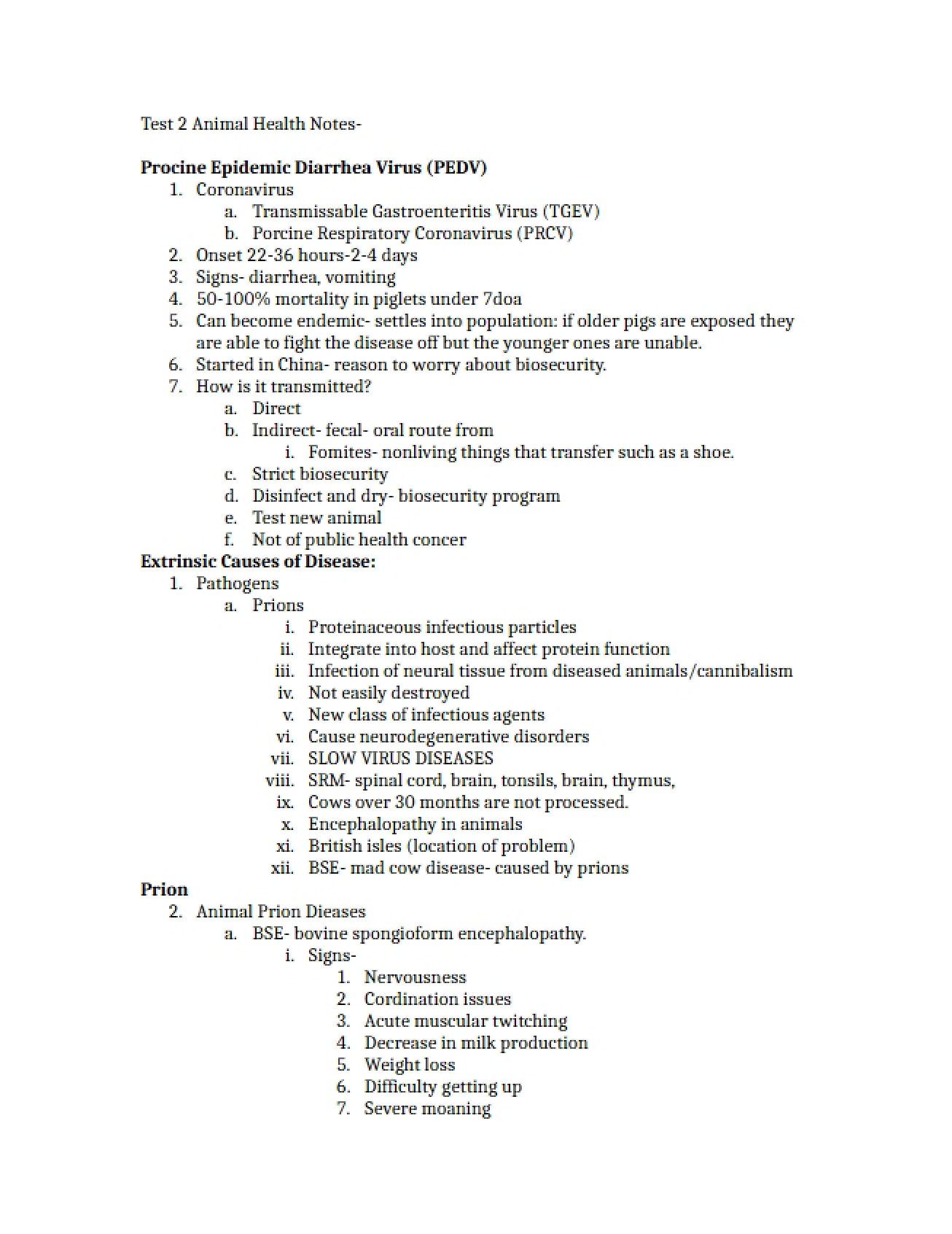Notes for Animal Health Test Two