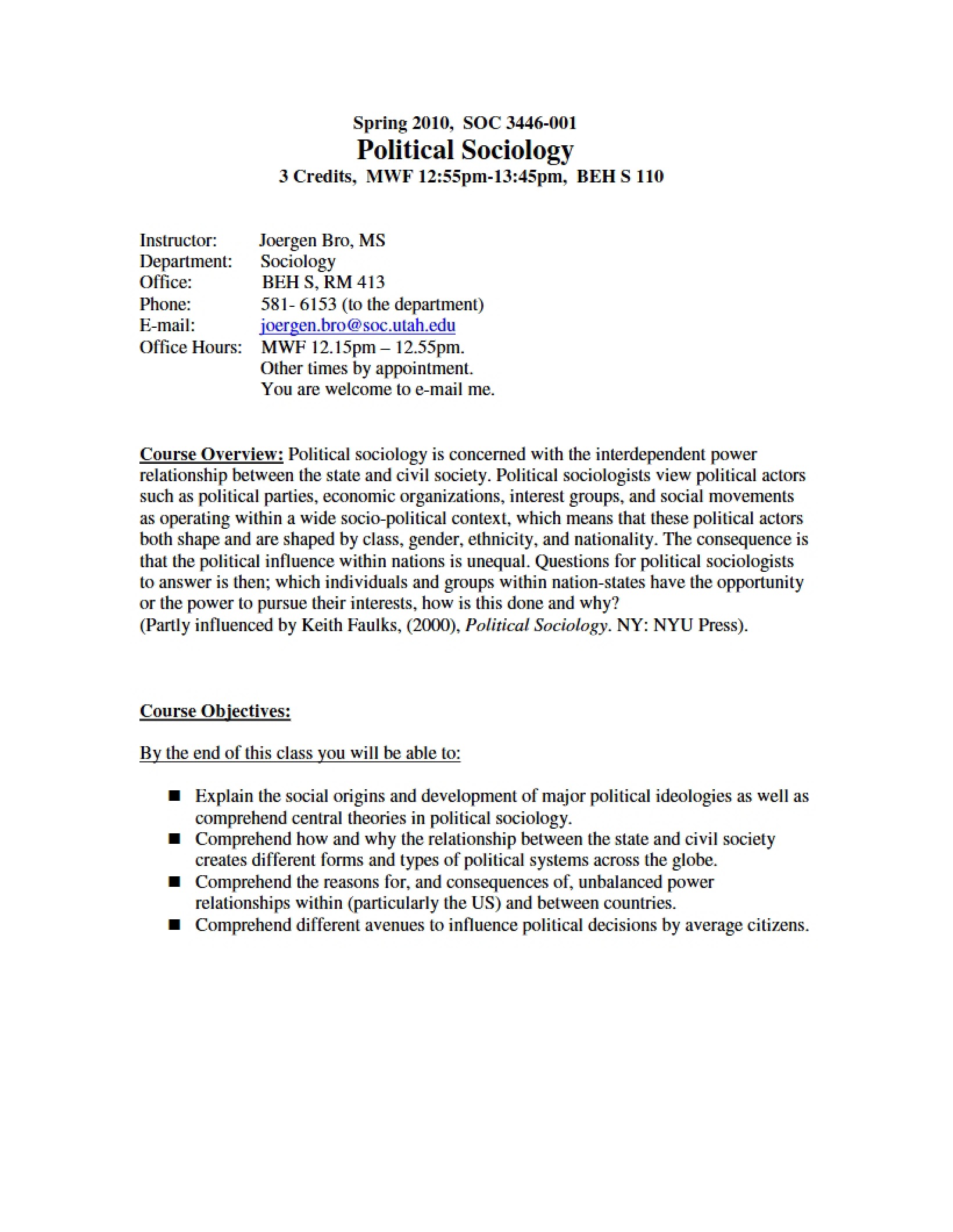 Political Sociology Course Syllabus