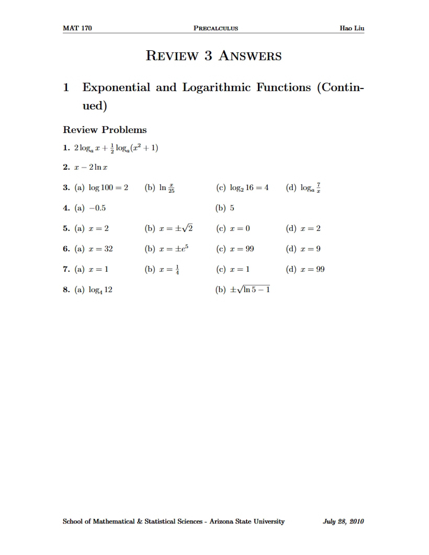 Answers for Review Three