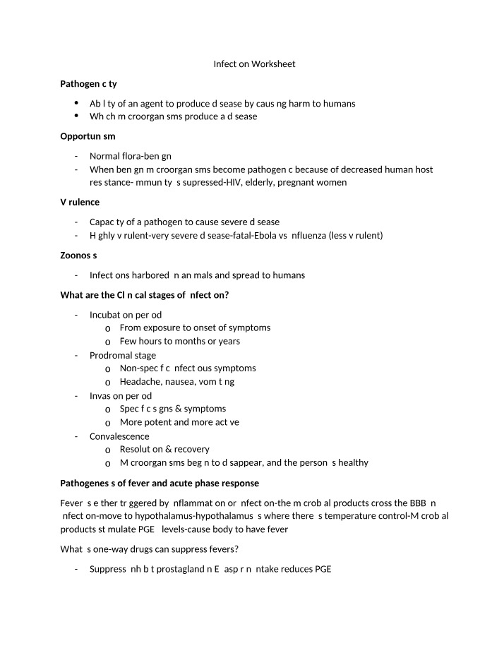 Worksheet on Infection