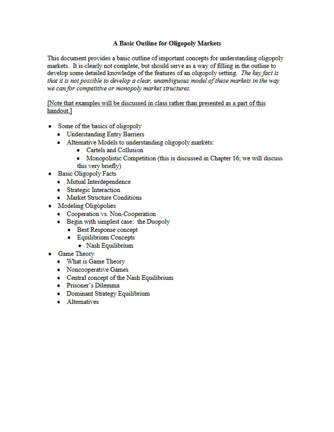 Fundamental Outline for Oligopoly Markets