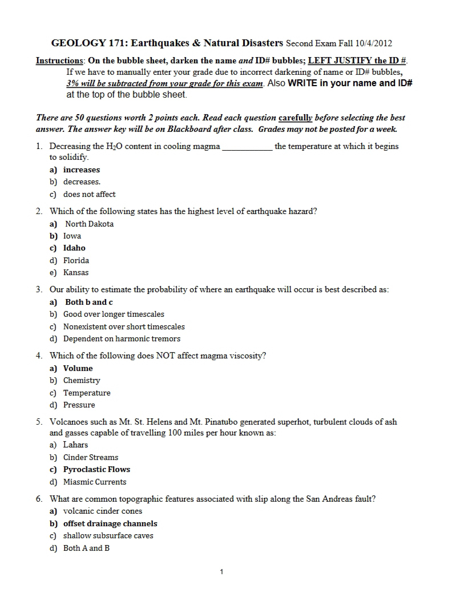 Answer Key Exam Two (Fall '12)