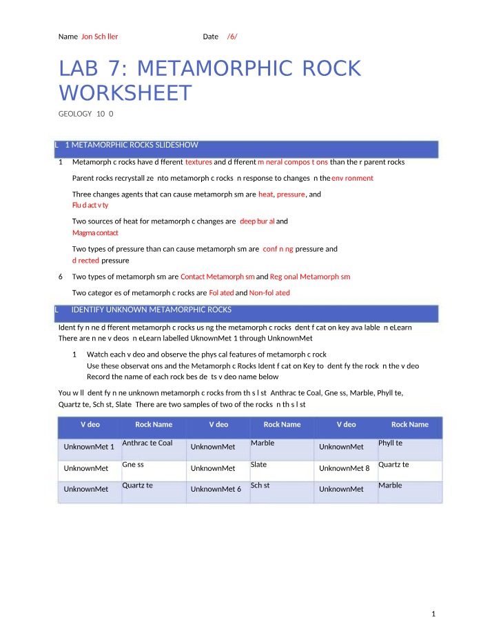 Metamorphic Rock Worksheet - Lab 7