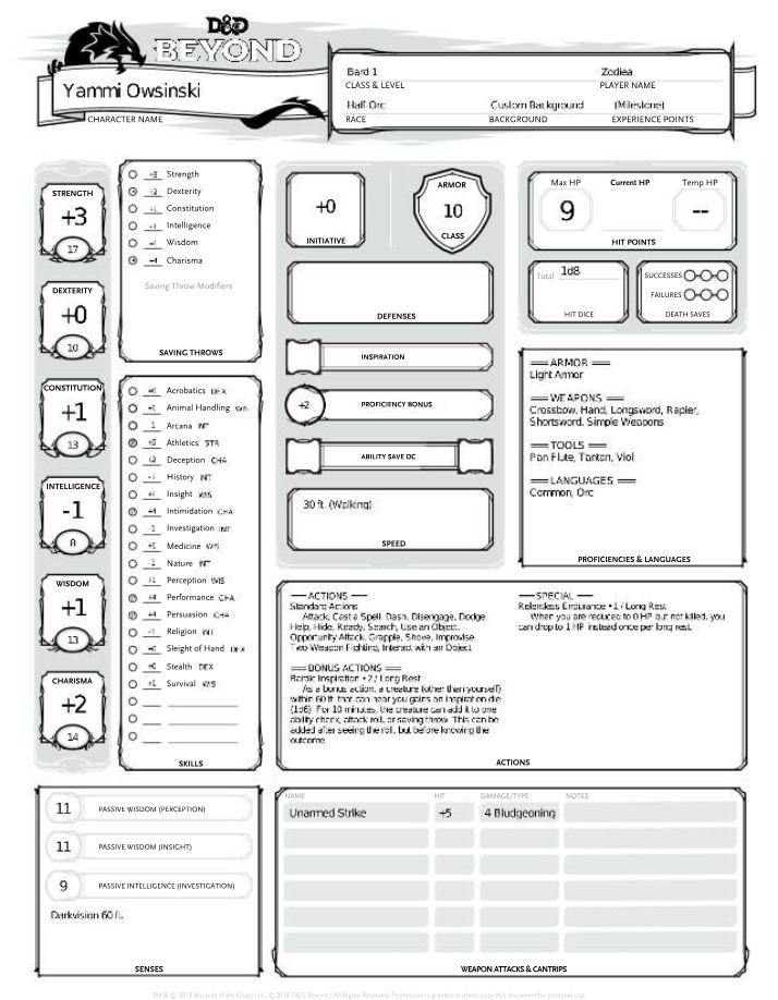 Yammi Owsinski - D&D Character Sheet