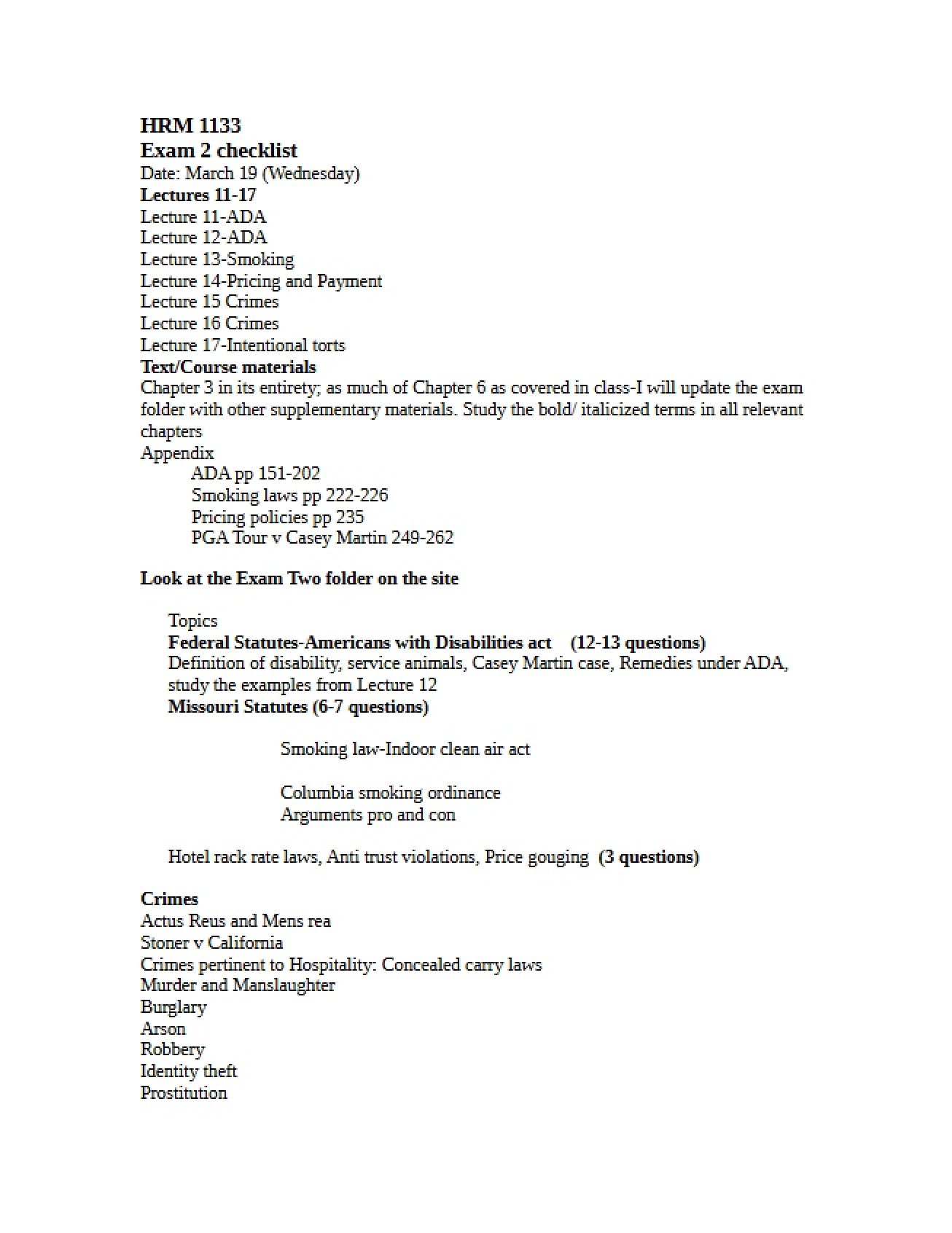Study Guide for Second Examination in Hospitality Law