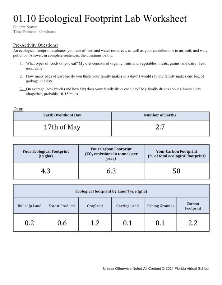 Worksheet for Ecological Footprint Lab