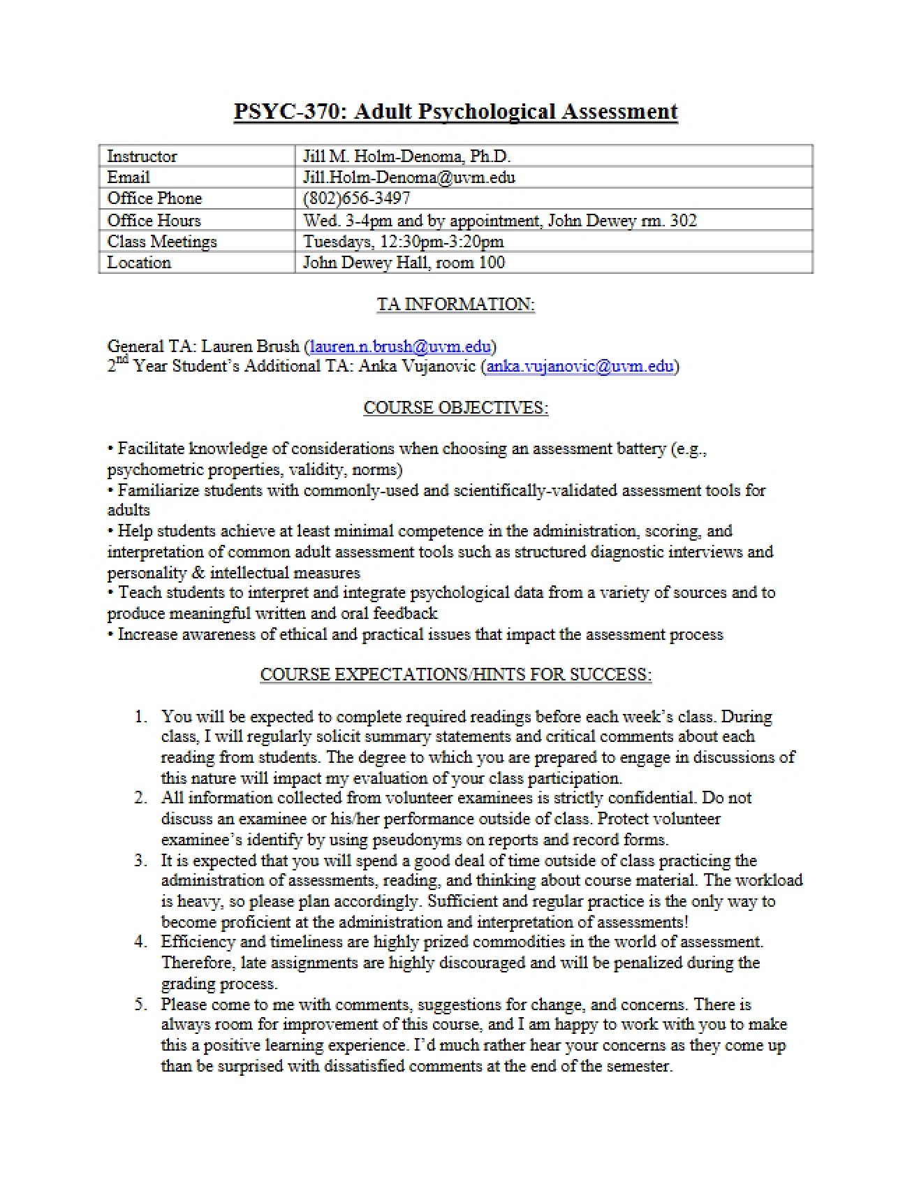 Adult Psychological Assessment Syllabus