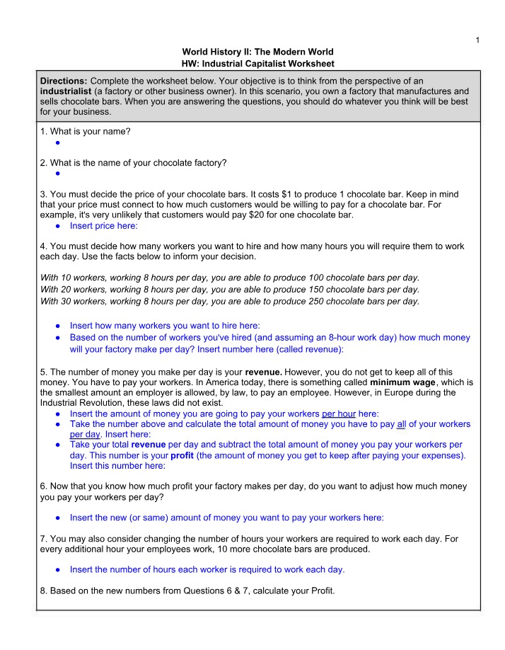 Worksheet on Industrial Capitalism