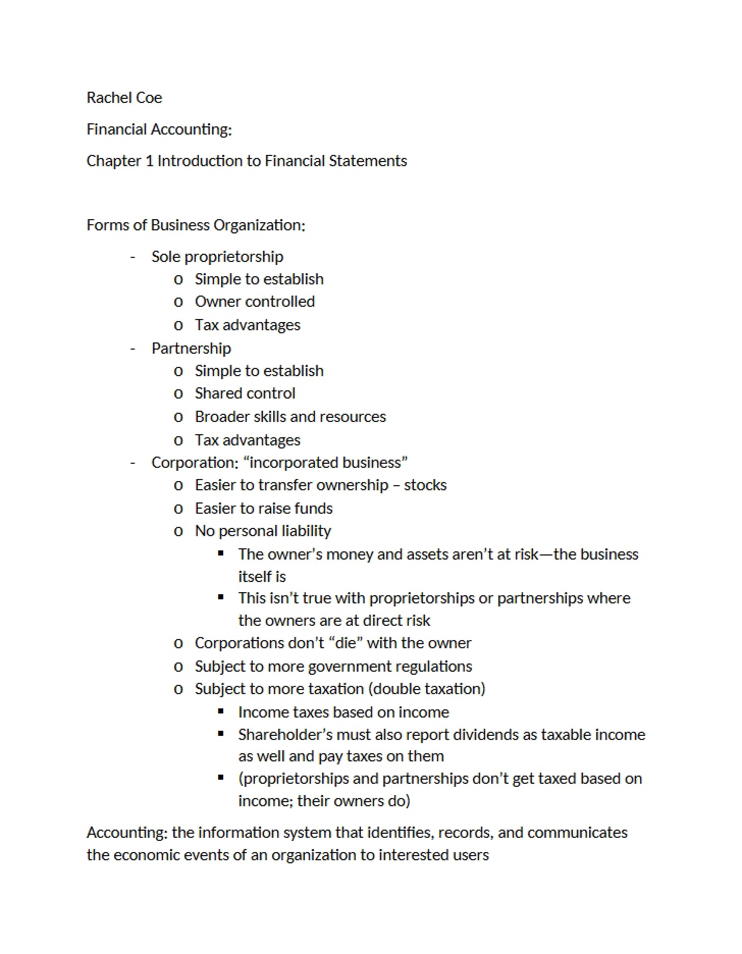 Financial Statement Introduction Chapter 1
