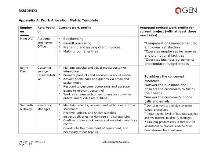 Employee Roles, Accounts, and Projects Work Allocation Matrix Template