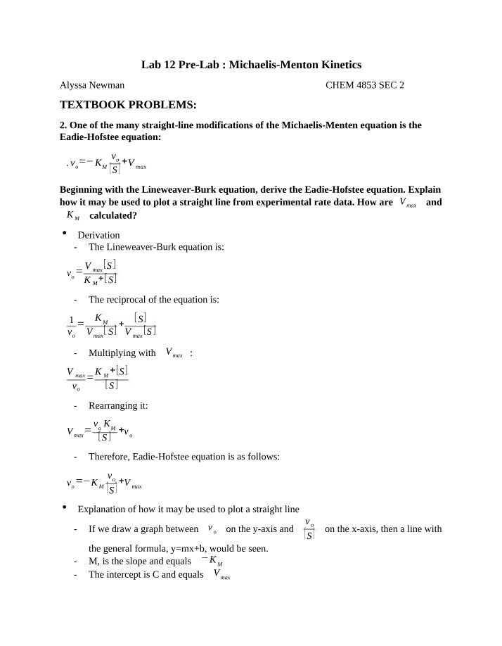 Michaelis-Menten Kinetics Pre-Lab for Lab 12