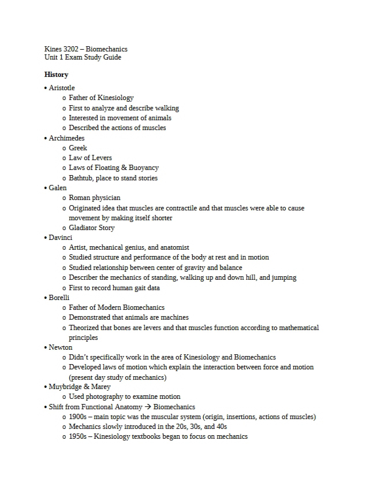 Study Guide for Biomechanics of Physical Activity