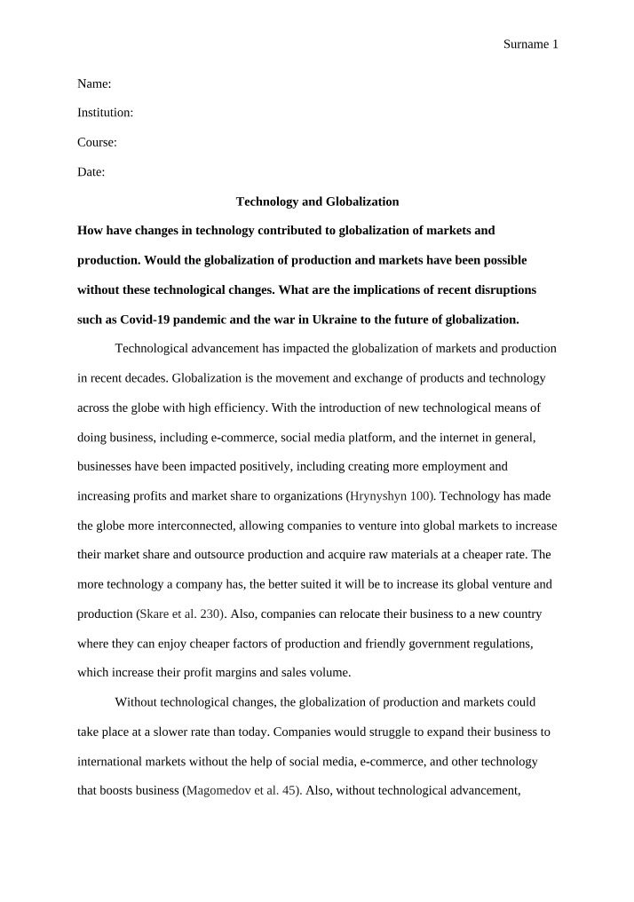 Essay on Globalization and Technology