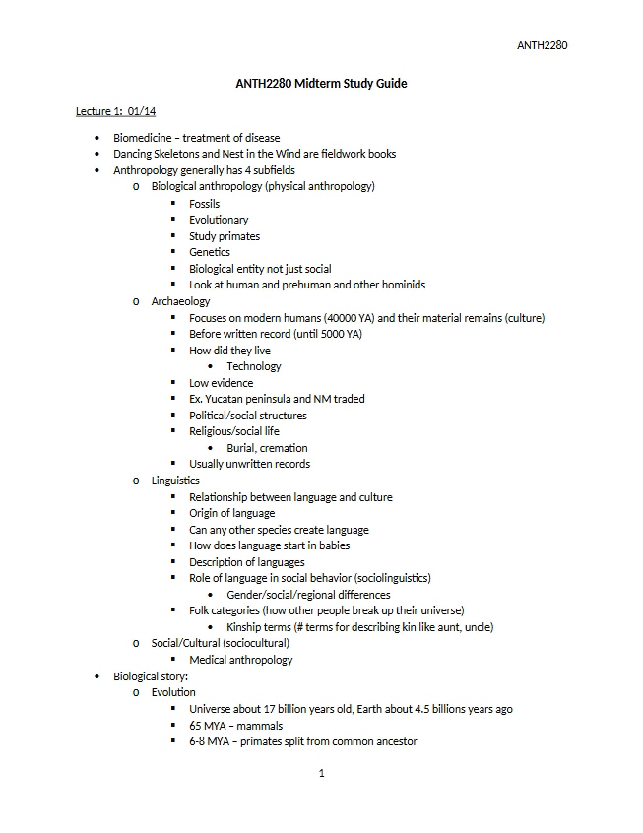 Study Guide for Midterm (ANTH2280)