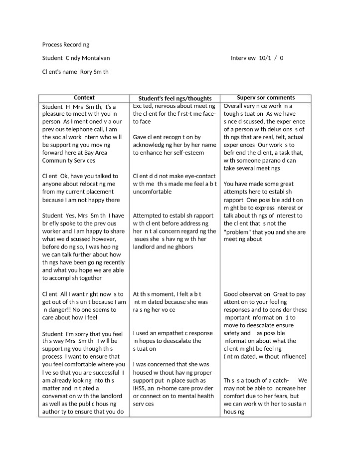 Establishing Rapport with a Client - Social Work Process Recording